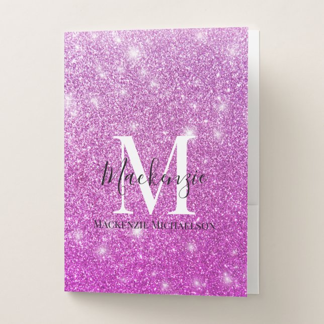 Girly Pink Ombre Glitter Monogram Name Pocket Folder (Front)
