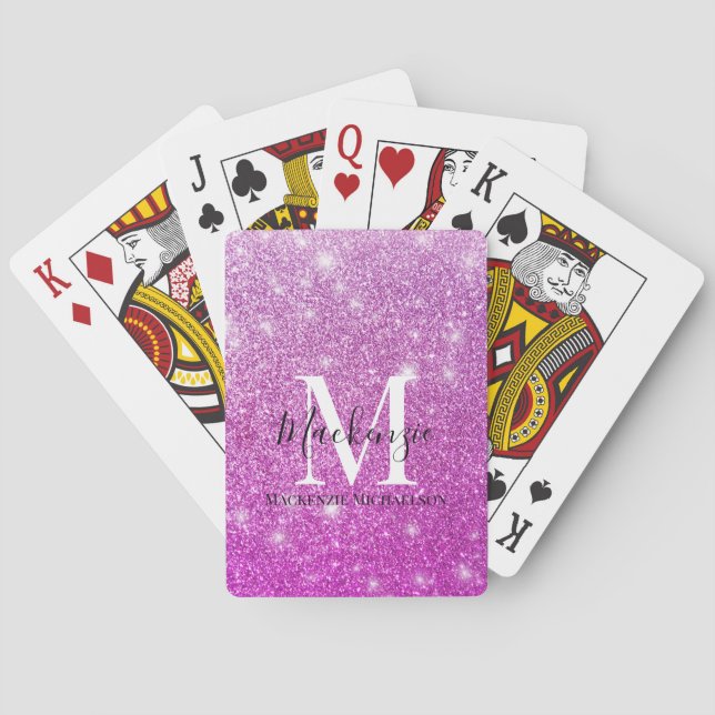Girly Pink Ombre Glitter Monogram Name  Poker Cards (Back)