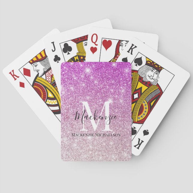 Girly Pink Ombre Glitter Monogram Name  Poker Cards (Back)