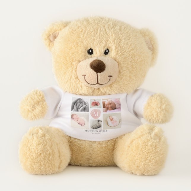 Girly Pink Ombre Monogram Photo Collage Newborn Teddy Bear (Front)