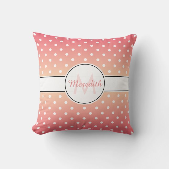 Girly Pink Ombre Monogram Polka Dot Throw Pillow (Front)