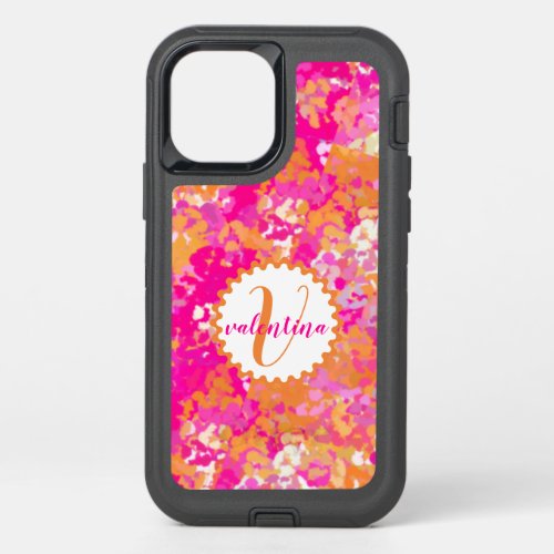 Girly Pink Orange Camouflage Monogram Name OtterBox Defender iPhone 12 Case