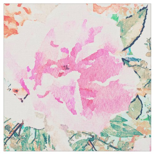 Girly Pink  Orange flowers Watercolor Paint  Fabric