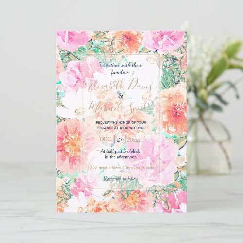 Girly Pink  Orange flowers Watercolor Paint  Invitation