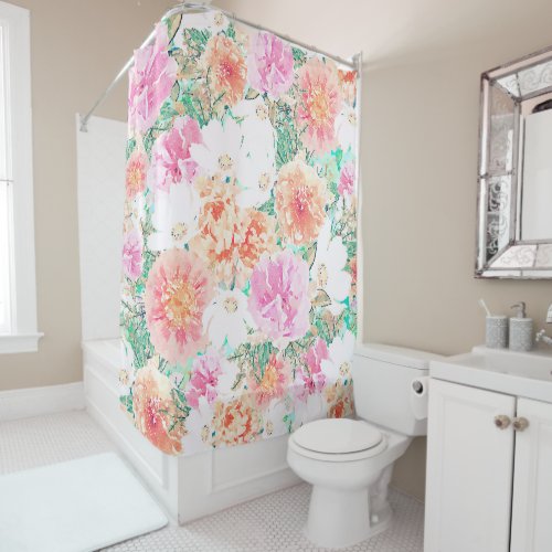 Girly Pink  Orange flowers Watercolor Paint  Shower Curtain