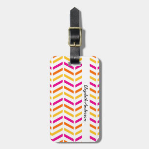 Girly Pink Orange Yellow Chevron Stripes With Name Luggage Tag