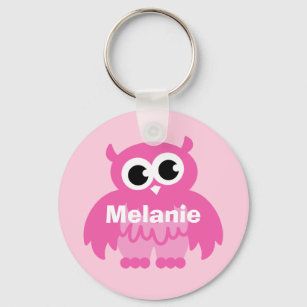 Girly pink owl cartoon keychain with name