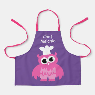 Girly pink owl chef cartoon kids apron for girl