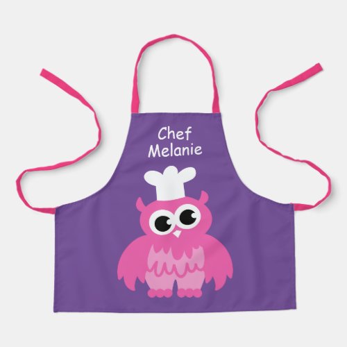 Girly pink owl chef cartoon kids apron for girl