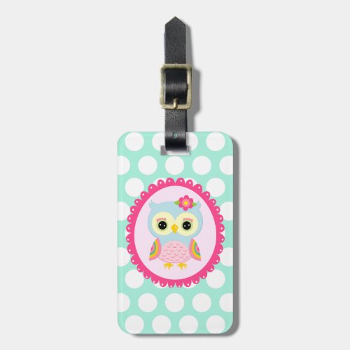 Girly Pink Owl Flower  Rainbow Aqua Polka Dots Luggage Tag
