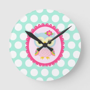 Girly Pink Owl Flower & Rainbow Aqua Polka Dots Round Clock by Jujulili at Zazzle