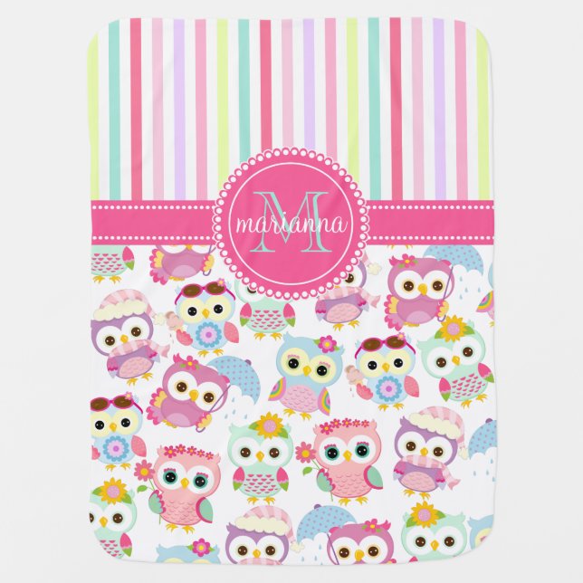 Girly Pink Owls Cute Pattern Personalized Receiving Blanket (Front)