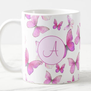Girly Pink Pastel Butterflies Custom Monogrammed Coffee Mug