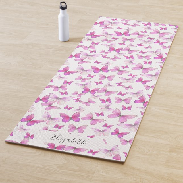 Girly Pink Pastel Butterflies Customized Yoga Mat (In Situ)