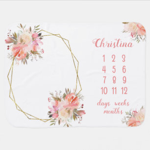 Girly Pink Peach Floral Milestone Baby Blanket