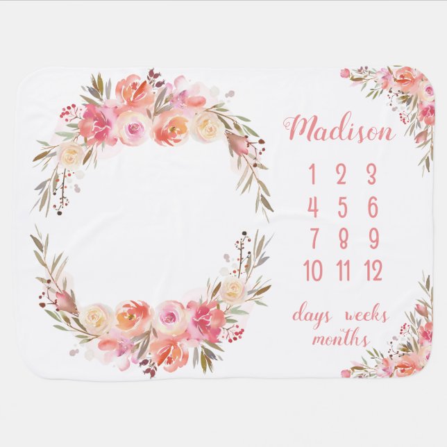 Girly Pink Peach Floral Milestone Baby Blanket (Horizontal)