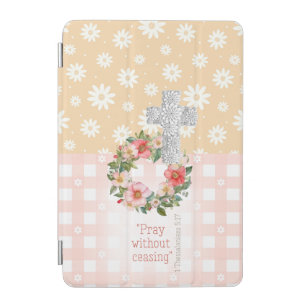 Girly Pink Peach Floral Rose Cross Scripture iPad Mini Cover