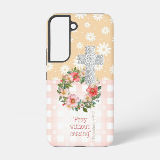 Girly Pink Peach Floral Rose Faith Cross Samsung Galaxy S22 Case