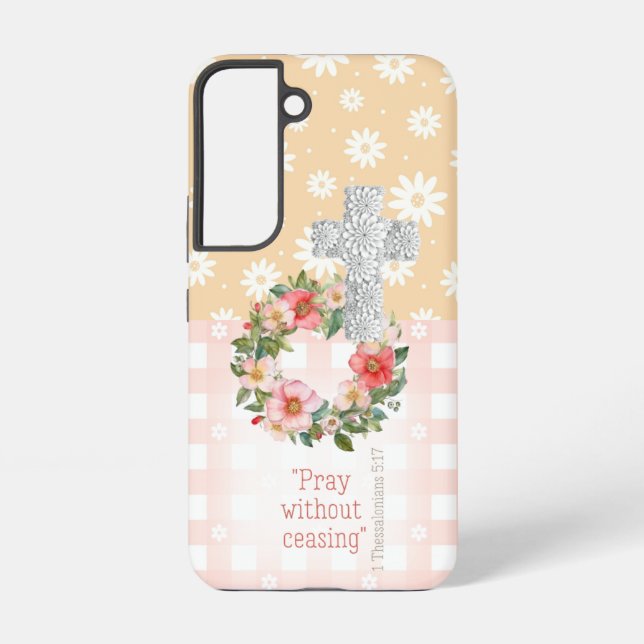 Girly Pink Peach Floral Rose Faith Cross Samsung Galaxy Case (Back)
