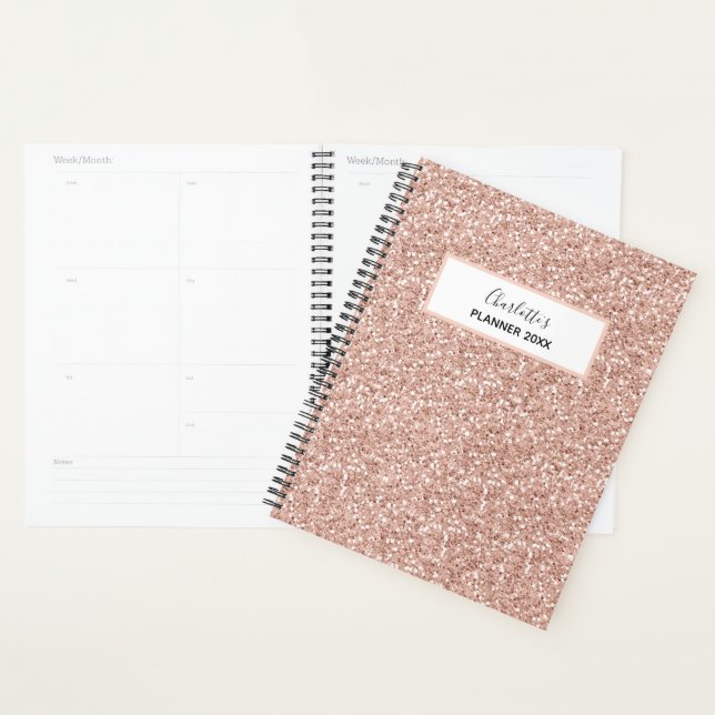 Girly Pink Peach Gold Glitter Personalized Name Planner (Display)