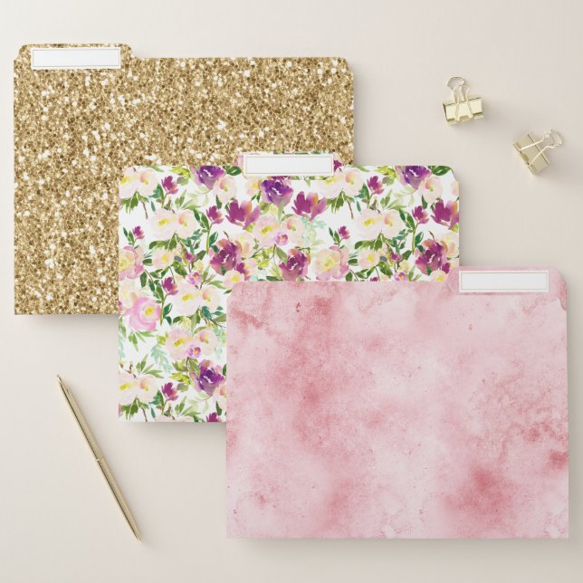 Girly Pink Peach Purple Burgundy Floral Glitter File Folder (Set)