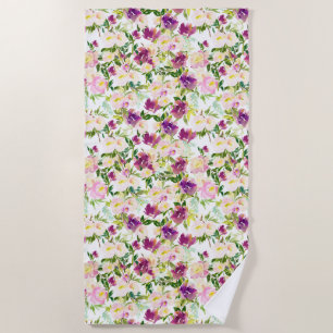 Girly Pink Peach Purple Burgundy Watercolor Floral Beach Towel