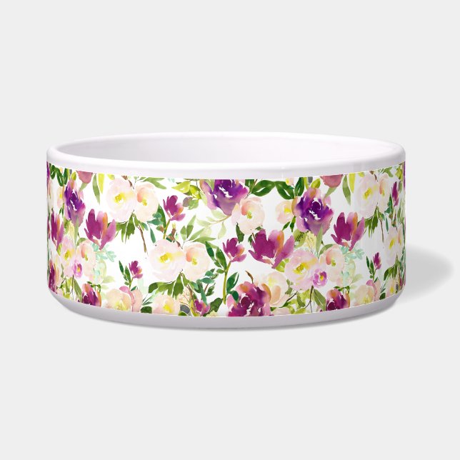 Girly Pink Peach Purple Burgundy Watercolor Floral Bowl (Front)