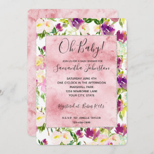 Girly Pink Peach Purple Burgundy Watercolor Floral Invitation