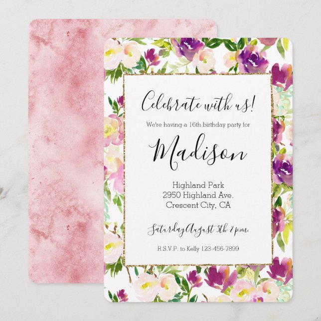 Girly Pink Peach Purple Burgundy Watercolor Floral Invitation (Front/Back)