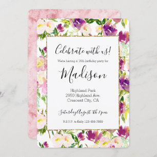 Girly Pink Peach Purple Burgundy Watercolor Floral Invitation