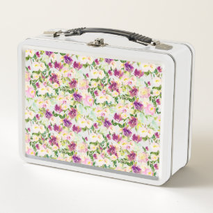 Girly Pink Peach Purple Burgundy Watercolor Floral Metal Lunch Box