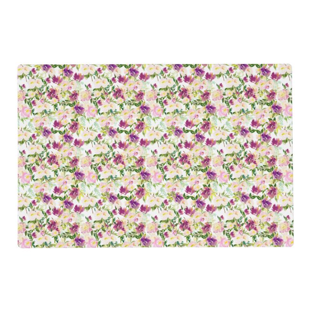 Girly Pink Peach Purple Burgundy Watercolor Floral Placemat (Front)