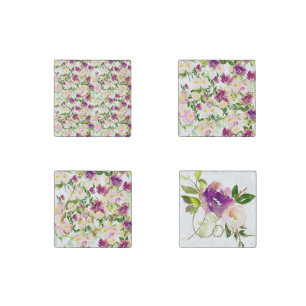 Girly Pink Peach Purple Burgundy Watercolor Floral Stone Magnet