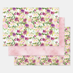 Girly Pink Peach Purple Burgundy Watercolor Floral Wrapping Paper Sheets