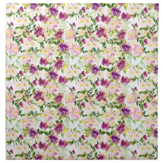 Girly Pink Peach Purple Watercolor Floral Cloth Napkin (Front)
