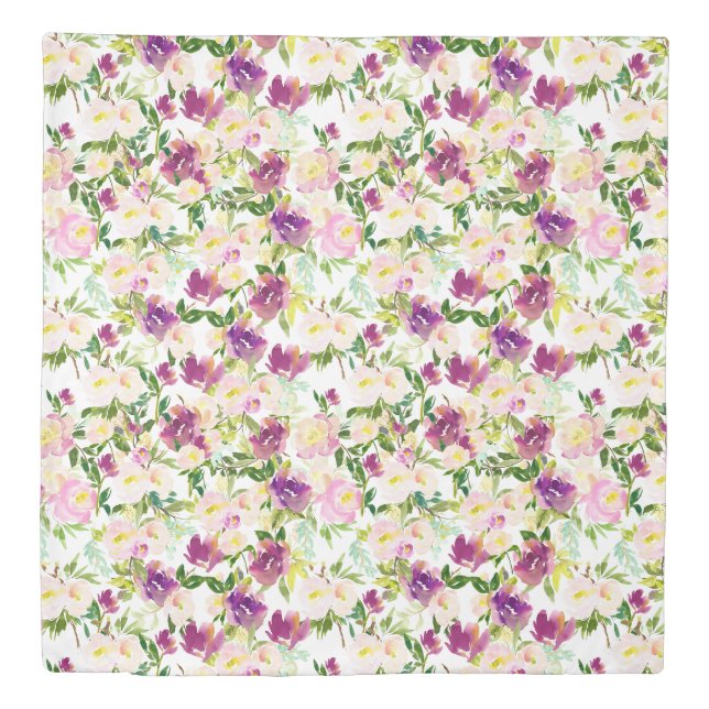 Girly Pink Peach Purple Watercolor Floral Duvet Cover (Front)
