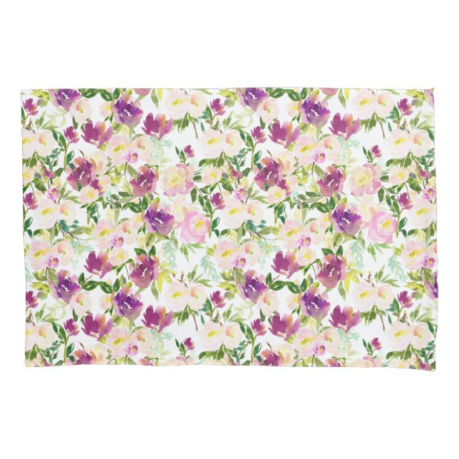 Girly Pink Peach Purple Watercolor Floral Pillow Case (Front)