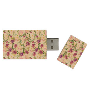 Girly Pink Peach Purple Watercolor Floral Wood Flash Drive