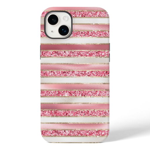 Girly Pink Pearl Glitter Stripes Case-Mate iPhone 14 Plus Case