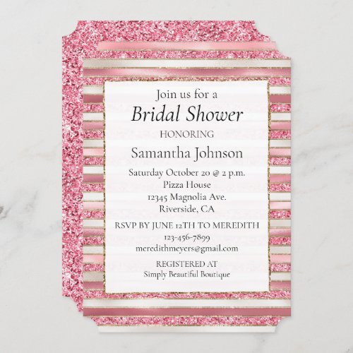 Girly Pink Pearl Glitter Stripes Invitation