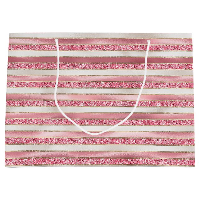 Girly Pink Pearl Glitter Stripes Large Gift Bag (Front)
