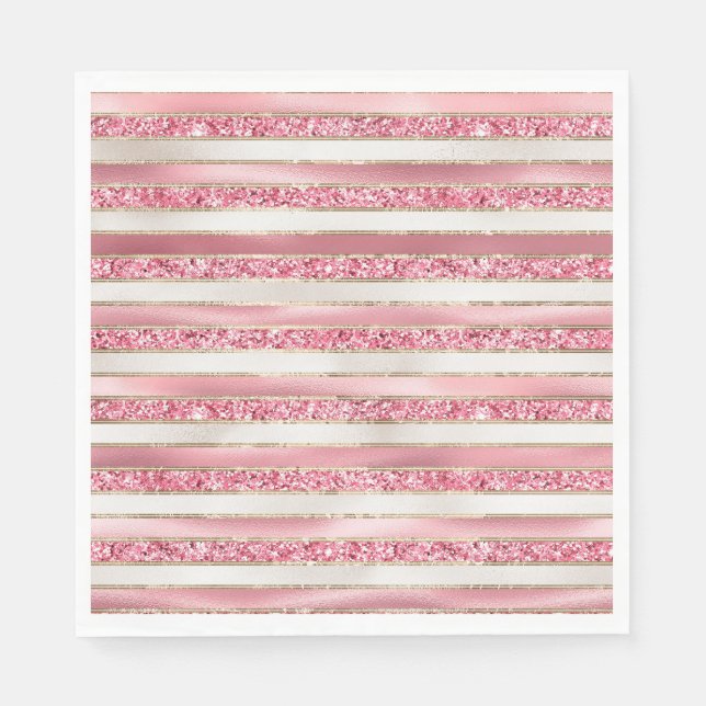 Girly Pink Pearl Glitter Stripes Napkins (Front)