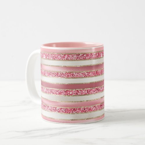 Girly Pink Pearl Glitter Stripes Two_Tone Coffee Mug