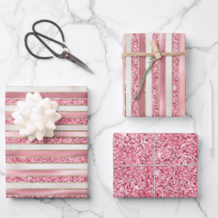 Girly Pink Pearl Glitter Stripes Wrapping Paper Sheets
