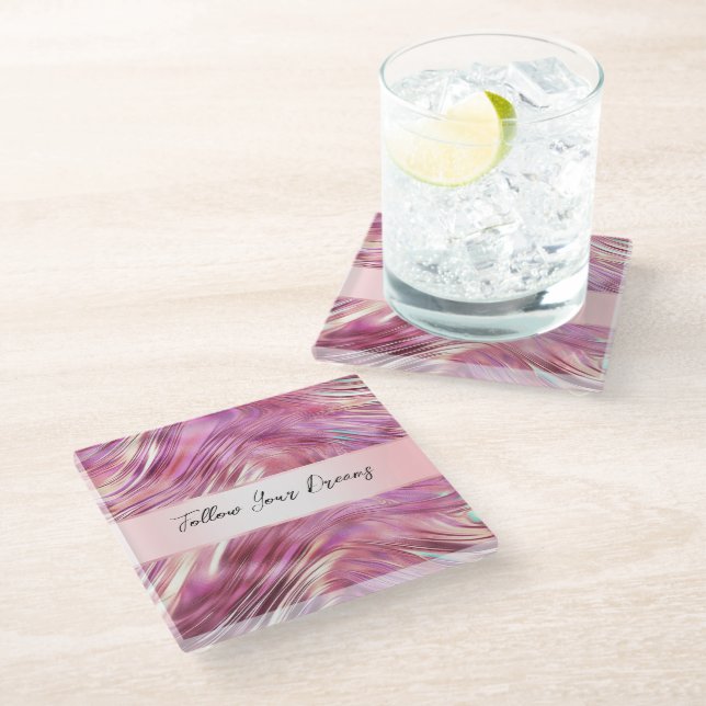 Girly Pink Pearl Rose Gold Glam Glass Coaster (Angled)