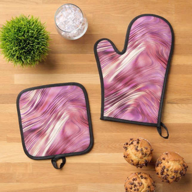 Girly Pink Pearl Rose Gold Glam Oven Mitt & Pot Holder Set (Top Down)