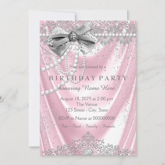 Girly Pink Pearl Satin Pink Gray Birthday Party Invitation (Front)
