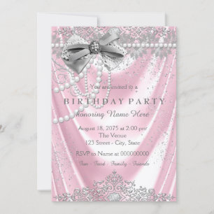 Girly Pink Pearl Satin Pink Gray Birthday Party Invitation