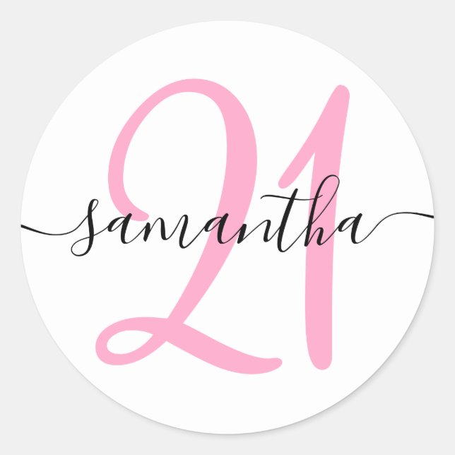 Girly Pink Personalized 21 Classic Round Sticker (Front)