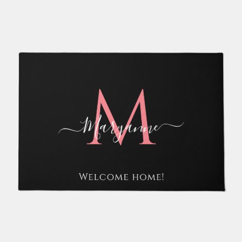 Girly Pink Personalized Monogram Black Doormat